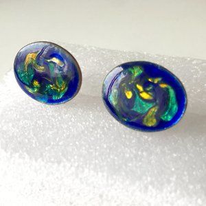 Earrings Clamp Golden Blue Swirl Peacock Jewelry